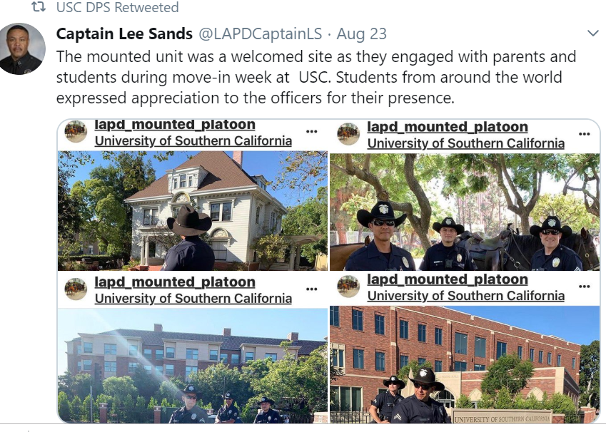 soffrita's tweet photo. Tell me why DPS thought outsourcing more of student funding to hire LAPD mounted platoon which are, "used regularly at the scene of demonstrations and unruly assemblies," was a good idea ? SIR Whomst international student said thank you for this? https://t.co/BE7cxBFv3Y