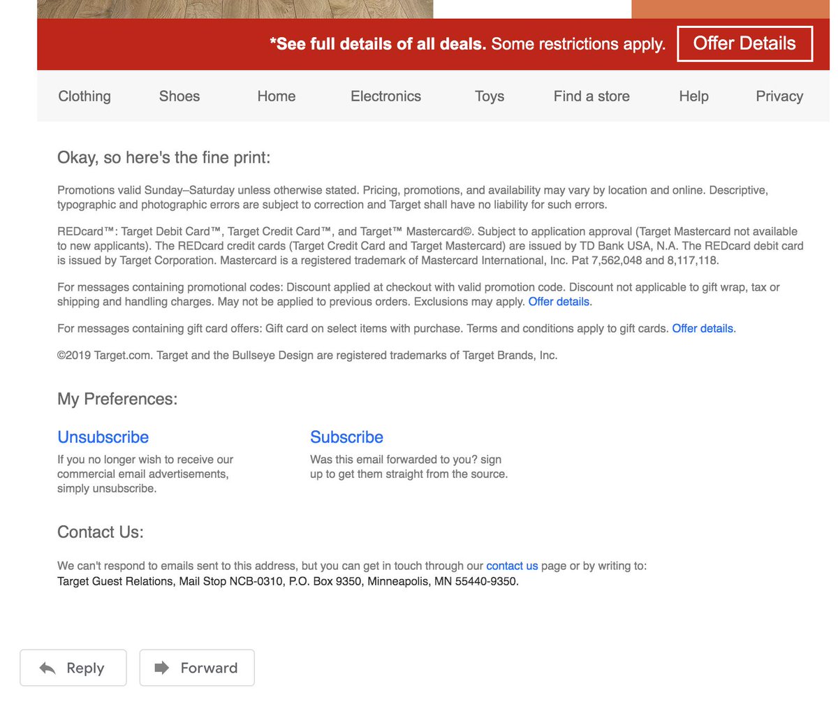  #delightful_design_details 24Delight is measured relatively.  @Target avoided the oft-used dark pattern of obscuring the Unsubscribe link in their emails.The link is large, easy to find, and shows they respect users' decision. Delightful because different and thoughtful.