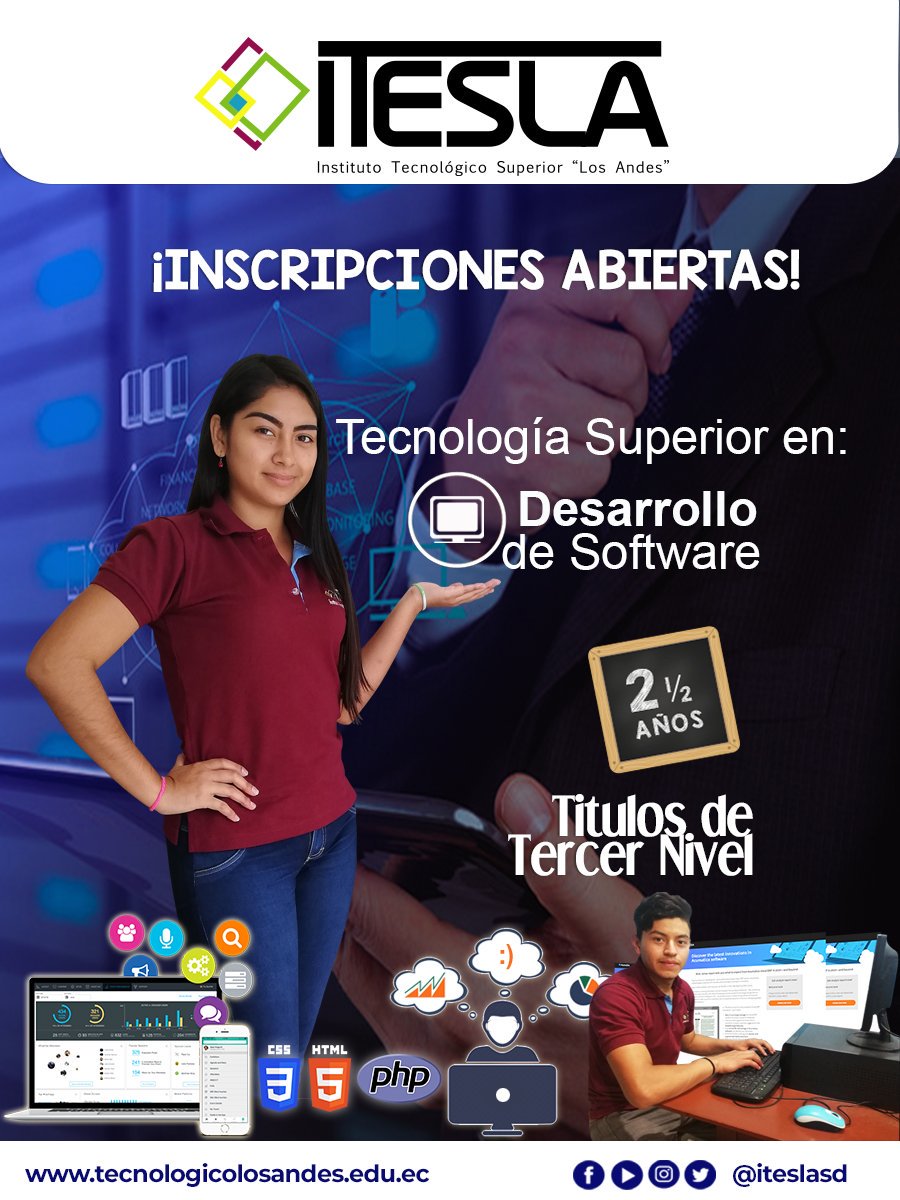 ISTLOSANDES's tweet photo. Inscríbete Ya! Tecnología Superior en 💻Desarrollo de Software #Lamejorinversión con #ITESLA
☑ Título de 3er Nivel en 2 años y 1/2
☑ Practicas garantizadas
☑ Acreditado por la SENESCYT
📲Envíanos un Mensaje vía WhatsApp dando Clic Aquí
https://t.co/WCIoMbnvK5 https://t.co/sozvw37eky