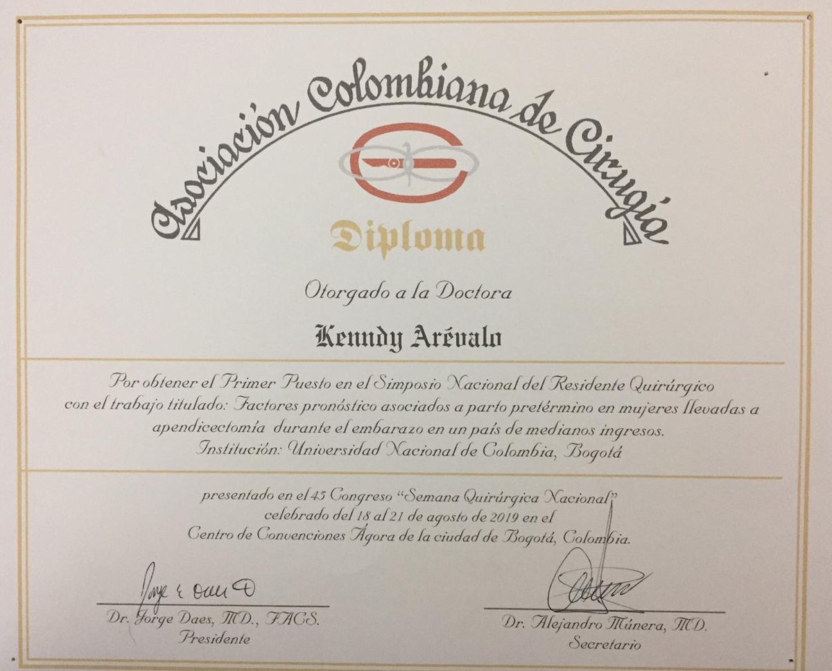 MedicinaUNAL's tweet photo. #OrgulloUNAL

Kenndy Arévalo, residente de nuestra especialidad en Cirugía General, obtuvo el primer puesto en el Simposio Nacional del Residente Quirúrgico el por su trabajo sobre apendicectomía durante el embarazo en un país de medianos ingresos.
¡La felicitamos por este logro! https://t.co/z57ZfJcJm4