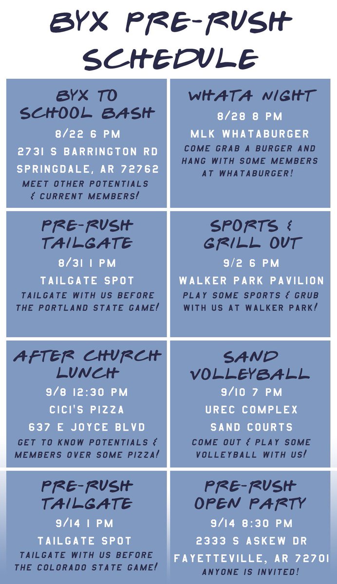 Arkansas_BYX's tweet photo. Interested in rushing BYX? Come and see what we’re all about at any one of these events starting TOMORROW. We’d love to meet you! 

Tag a friend, tag 10 friends or just tag yourself. Whatever you do, make sure you come out and hang! https://t.co/xQfkVZqreI