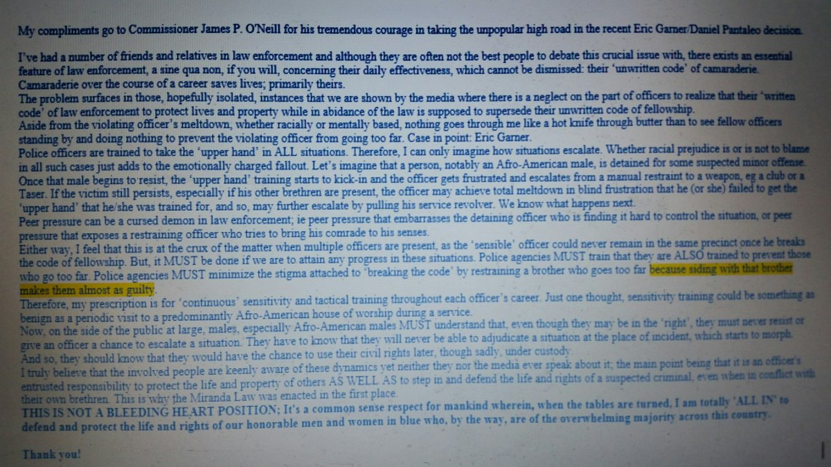 joecott1's tweet photo. @NYPDONeill To the Honorable Commissioner James P. O'Neill: Please refer to my attachment concerning your decision on the Garner/Pantaleo issue. Thank you!  @joecott1 https://t.co/5GoBVOqqZv