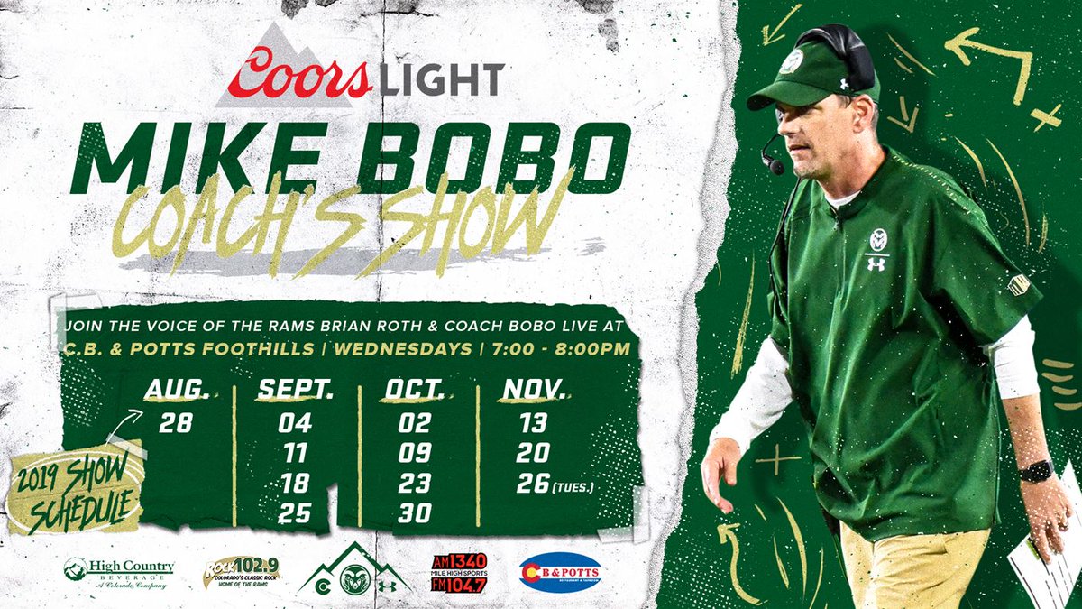 BrianHRoth's tweet photo. 24-hours from now we will go live with the first Coors Light @CoachBobo_CSU show of the year from the Foothills CB &amp; Potts in Fort Collins.  

Tune-in tomorrow night at 7:00pm on @CSURamsRadio. #CSURams #RamsRadio https://t.co/4hqOKbIHXH