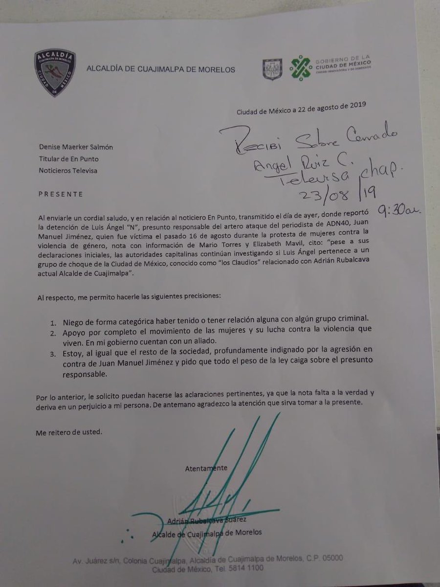 Estimada <a href="/DeniseMaerker/">Denise Maerker</a> de manera dolosa y reiterada faltas a la verdad. Esta carta te la envié desde la semana pasada y no has hecho mención alguna; sin embargo, continuas sacando mi nombre en una nota totalmente errónea y a todas luces dolosa. Ccp <a href="/Claudiashein/">Claudia Sheinbaum Pardo</a> <a href="/rosaicela_/">Rosa Icela Rodríguez Velázquez</a>