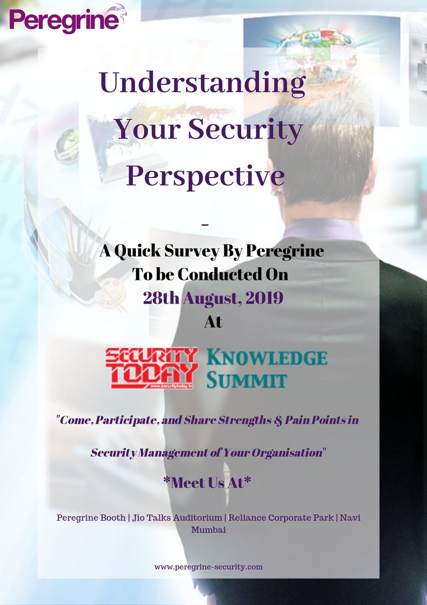 Tenon_World's tweet photo. Peregrine is conducting a quick survey "Understanding Your Security Perspective" at SECURITY TODAY Knowledge Summit 2019 today.
Do stop by to share your security concerns & help us understand the evolving security needs of businesses.
#securitytoday #tenonfm #youfirst #survey https://t.co/5agXCIbdOk