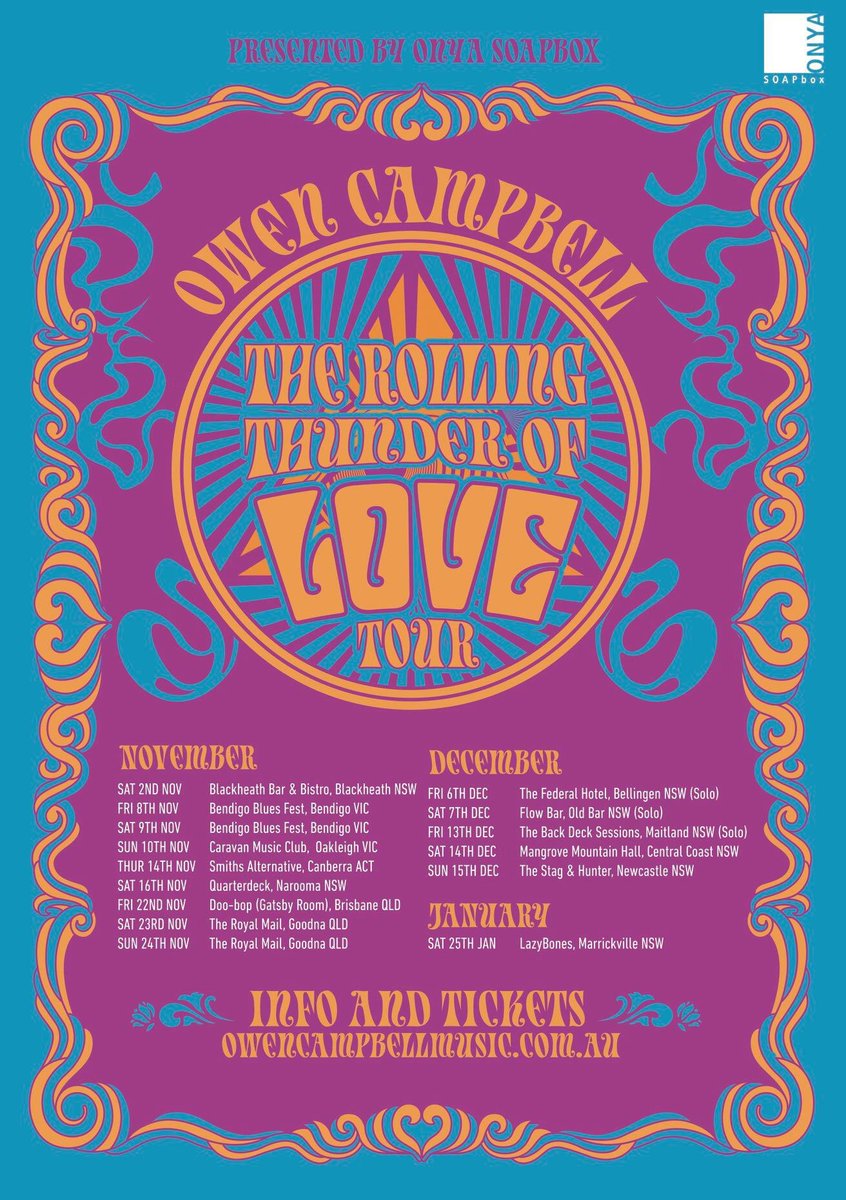 Happy to announce.....                    THE ROLLING THUNDER OF LOVE TOUR! Get your tix, put it in your diaries, this is gonna be fun!! Keep up to date at owencampbellmusic.com.au