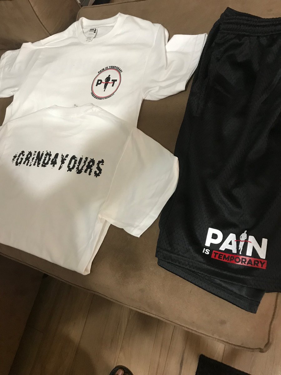 PITTHEMOVEMENT's tweet photo. Hey Everyone of the PIT Family,

We have some new inventory from shorts to t-shirts:

$20 White #Grind4Yours Shirts
$20 Rebirth T-Shirts
$25 Black PIT shorts

Send us a DM with your email and your items...📧 https://t.co/xGsV7OfISO