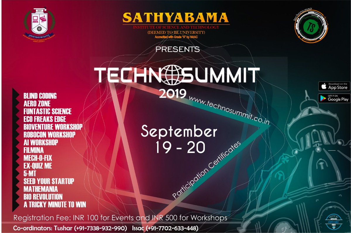 SathyabamaSIST's tweet image. Sathyabama Institute of Science and Technology Presents National Level Technical Symposium- Technosummit 2019.
Visit sathyabama.ac.in for more details.

#sathyabama #sist #technosummit #symposium #omr #chennai