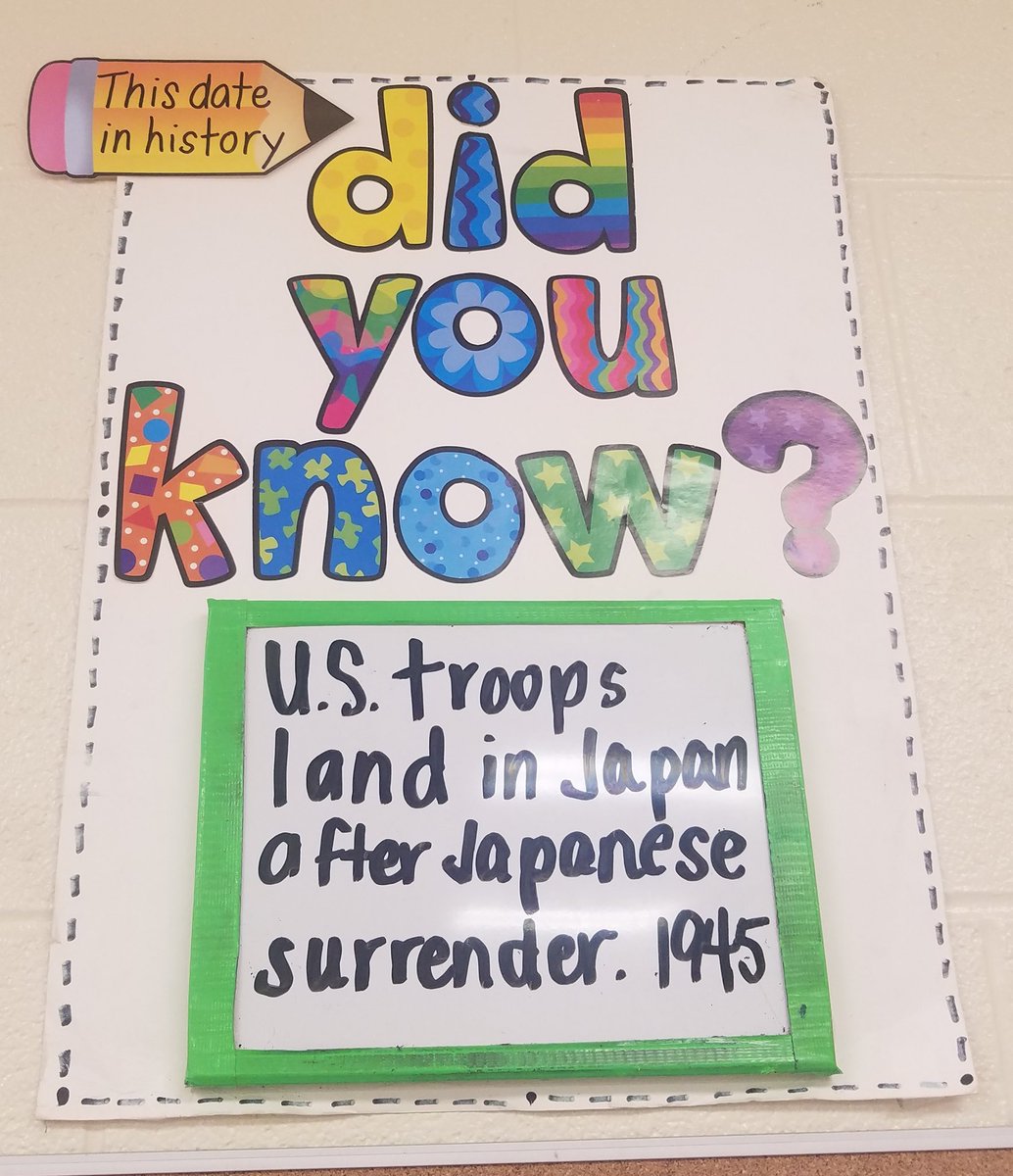 TheTeacherAllen's tweet photo. Checking in...1.What event is being described? 2. What caused Japan's surrender? 3.Who did they surrender to? 4.What do we call the day of Japan's surrender? #SS5H4b #DidYouKnow #funfacts #thisdayinhistory #5thgradesocialstudies #studentengagement #august272019 #amazingyear https://t.co/kBj1cpwqnm