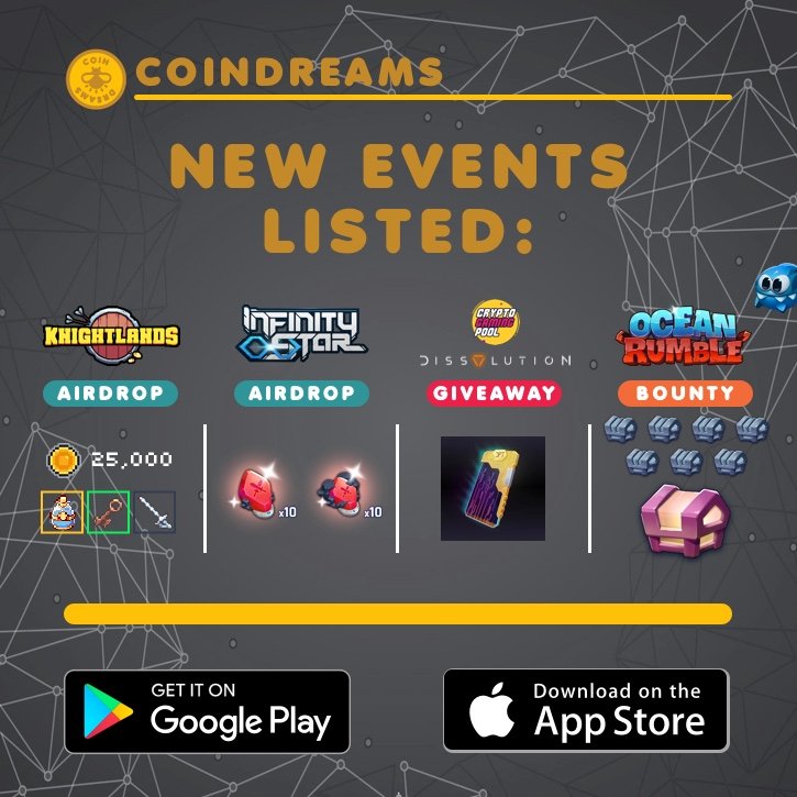 HuddlePulseXYZ's tweet photo. We listed 4 new events!
🏰 #KnightLands
💃 #InfinityStar Pre-Registration
🧟♂️ #Dissolution (@CryptGamingPool)
🐠 #OceanRumble
📱 Download on: https://t.co/aWc9r8Z9rN
#CryptoCurrency #Blockchain #Ethereum #CryptoGames #BlockchainGaming #Airdrop #Zilliqa $ZIL $ETH #Enjin $ENJ #ZIL https://t.co/LAINgQDGnv
