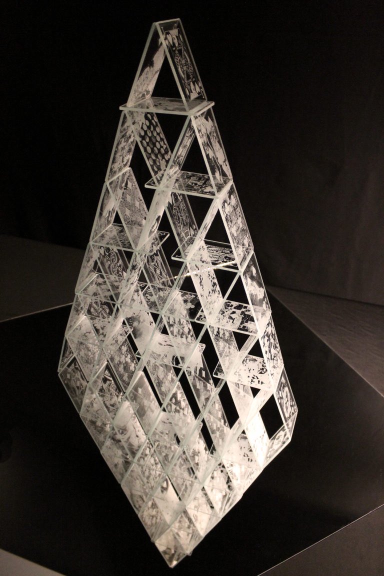 cmcassano's tweet photo. “Glasshouse of Cards” 52 engraved glass cards engraved w/ image of human ecological impact on earth’s surface captured via NASA satellite and my own flight travels ♦️: #Deforestation, ♥️: #Agriculture, ♣️: #Urbansprawl, ♠️: #Mining. #environment #Collapse #houseofcards https://t.co/WVdGT4lBKY
