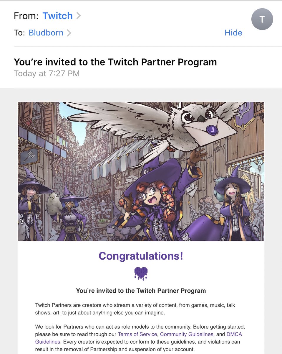 Bludborn's tweet photo. After almost exactly 6 years on the platform, I can finally call myself a Twitch Partner! 

Thanks to everyone who supported me on the journey, but as Gandalf said: “End? No the journey doesn’t end here!”

Stay tuned for so much more fun!

Thank you again!
#twitch #TwitchPartner https://t.co/FoIJ0BWkYK