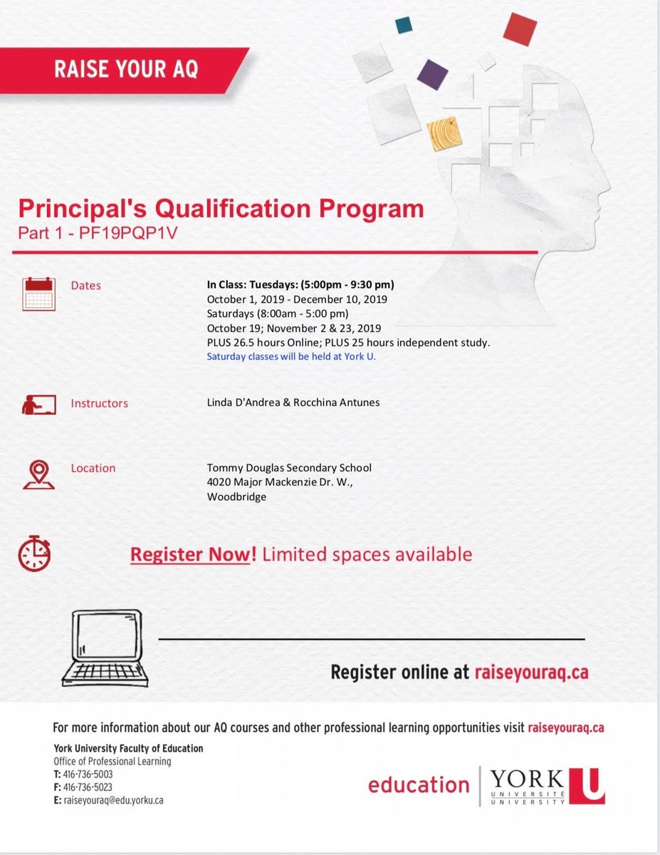 LdandreaLinda's tweet photo. No time like the fall for teacher leaders to enroll in the Principal Qualification Program (PQP) Part 1 @YorkUedPL.
It's #notyourregularAQ. Registration is now open! Hope you'll join @RocchinaAntunes and I for wonderful PD! @ycdsb @yrdsb https://t.co/QM1ObFg44b