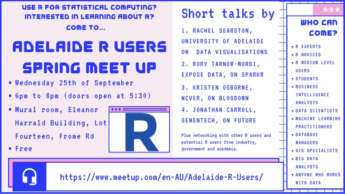OwenChurches's tweet image. Hey #Adelaide! We're having a spring #rstats meet-up! There will be short talks by @SearstonR, @roryt_m, @Kristen_Osb and @carroll_jono plus snacks and chat on all things data, statistics and R. Register here: meetup.com/Adelaide-R-Use…