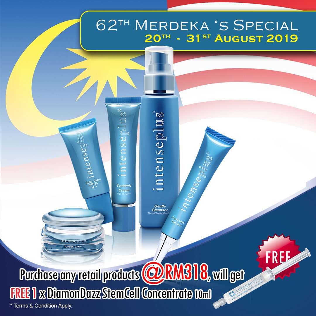 Intenseplus123's tweet image. “GRAB THIS GOLDEN OPPORTUNITY”

Merdeka Special Promotion 
Purchase any retail products@RM318.00

FREE
1x DiamonDazz StemCell Concentrate (10ml) 
(worth RM110WM/RM121EM)

*While stocks last basis

Promotion is valid from 20th August 2019 – 31st August 2019
T &amp;amp; C apply.