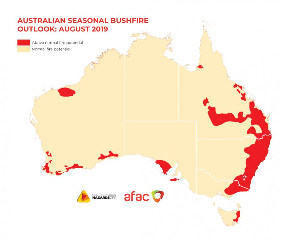 bnhcrc's tweet photo. What’s the bushfire outlook across Australia to the end of the year? The Australian Seasonal Bushfire Outlook August 2019 is released today @QldFES @NSWRFS  @BushfiresNT @CFSAlerts @CFA_Updates @FFMVic @EMV_news @TasFireService  @ACT_ESA @dfes_wa   https://t.co/4hmRhWCABM #AFAC19 https://t.co/gxDbgCnTpl