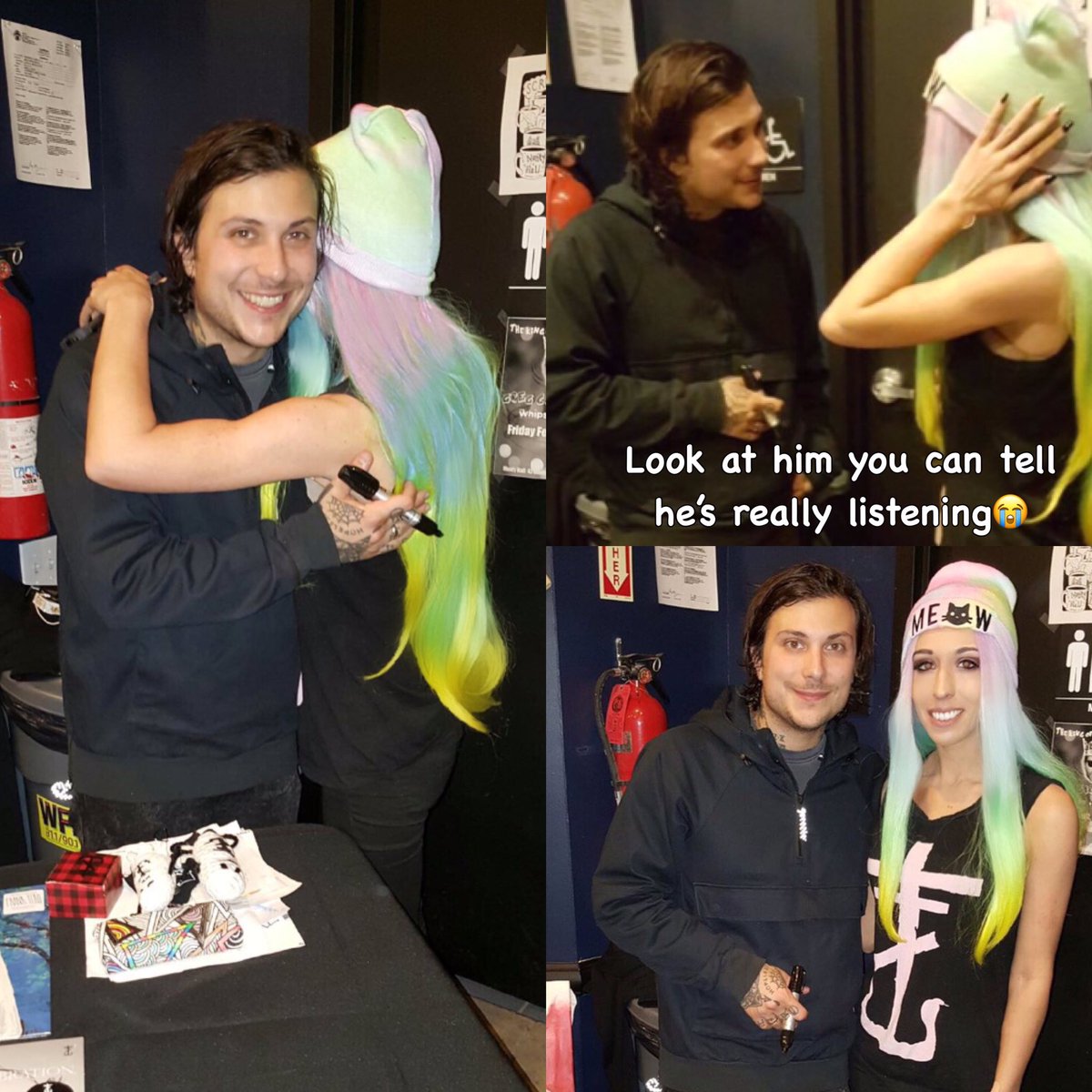 TraceyJeanne_'s tweet image. In order, the 4 times I met @FrankIero 
The last photos are from when I just met him again recently !!! 😭🖤