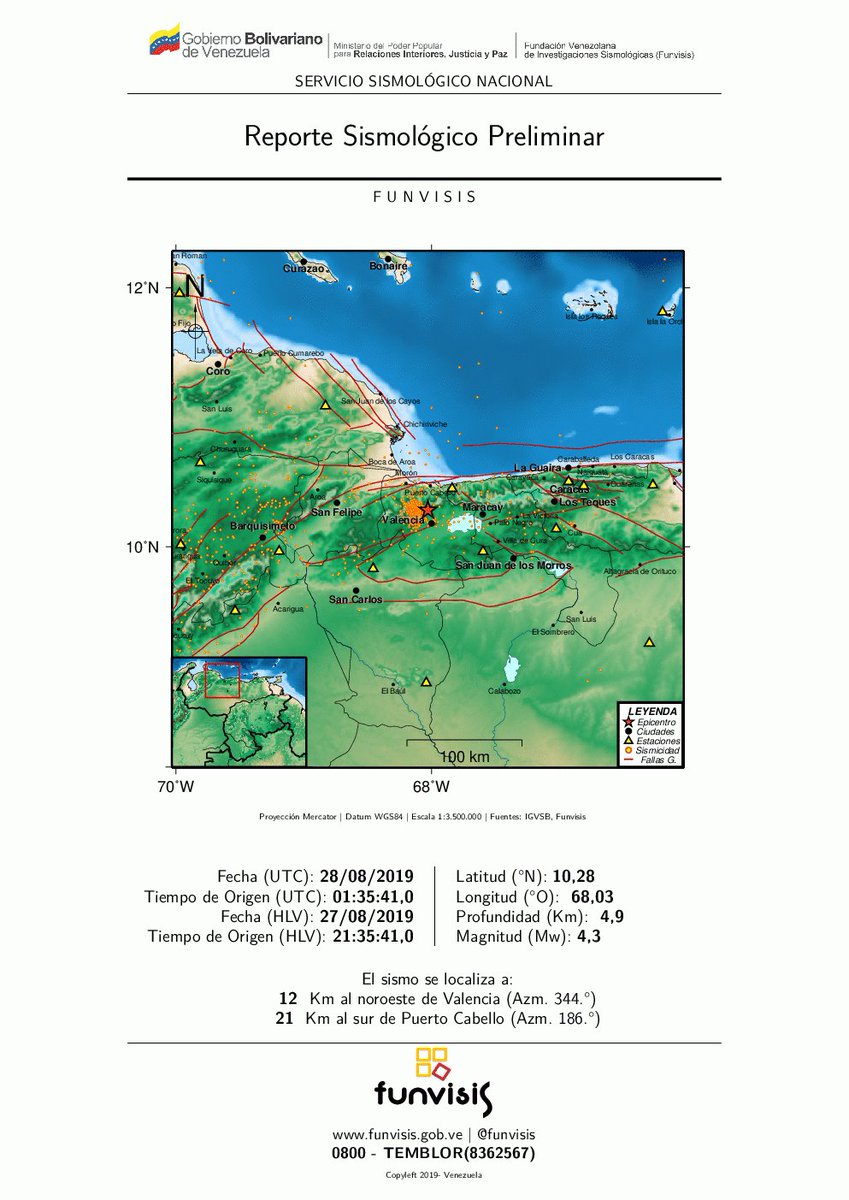 FUNVISIS's tweet photo. #Sismo:2019/08/27 21:35 (HLV), Mag. 4.3 Mw, a 12 Km al noroeste de Valencia (10.283 N,68.029 W), prof. 4,9 km. Conoce más de este evento visitando: https://t.co/fI8gVCxMQR https://t.co/MNswF7wL5b