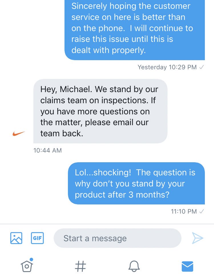 ImageTechHFX's tweet photo. @nike Why do you appear helpful in public response, but are no help in DMs?  #hmmmmmmm..... https://t.co/Umh5DtkEhc