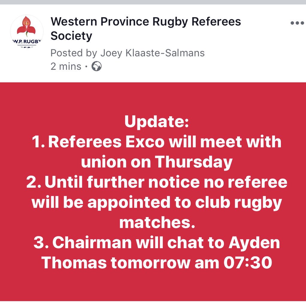 wprugbyreferees's tweet photo. The abuse of match officials is a serious matter that needs to be addressed. Putting your head in the sand hoping this will go away is not the preferred way to deal with this. Stand up and be counted. Let’s change the culture of SA club rugby. #norefnogame #sportissupposedtobefun https://t.co/amRgOdVza6