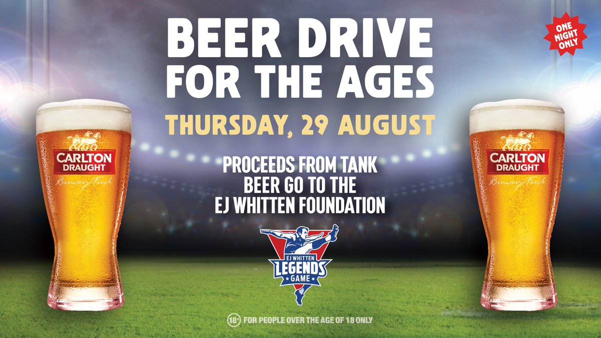 This Thursday 29th of August we will donate 100% of sales from every Carlton Draught​ Tank Beer bought to the EJ Whitten Foundation​
Bring your mates and grab a round of Carlton Draught to help support men’s health 💪🏻 #myredlion #ejwhittenfoundation #legendsgame #carltondraught