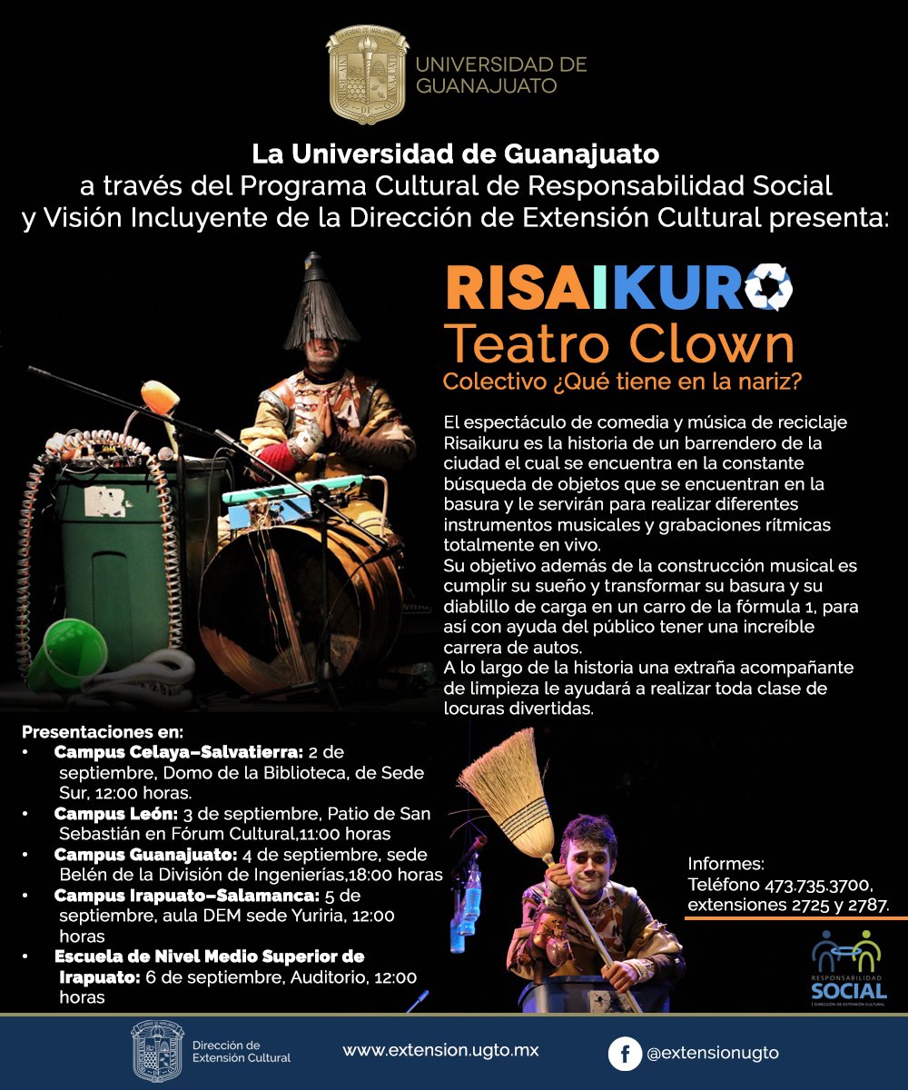 CulturaUG's tweet photo. Te invitamos a Risaikuro:

Un espectáculo de #Clown y reciclaje ♻️ que presenta el Colectivo ¿qué tienes en la nariz? a través de nuestro programa de responsabilidad social y visión incluyente.

#ExtensionUGTO https://t.co/9JNcG4epPk