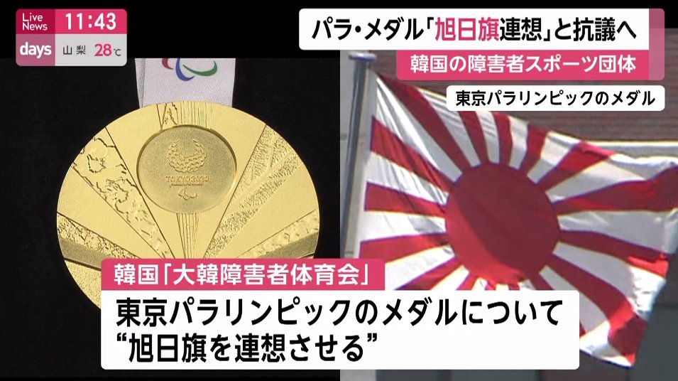 【メダルが旭日旗連想すると抗議】韓国の障害者スポーツ団体『大韓障害者体育会』は、扇をモチーフにデザインされた東京パラリンピックのメダルについて、軍国主義の象徴だと批判する旭日旗を連想させるとして、ＩＯＣと東京組織委員会に抗議する方針。
くっだらねぇ。