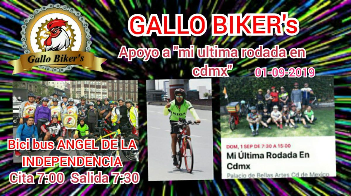 GalloBiker's tweet photo. Saludos 
El proximo 01-09-2019
GALLO BIKERS apoya a Javier Vega en su evento "MI ULTIMA RODADA EN LA CDMX" todos son bienvenidos.
@BicitlanRadio
@BikeRadio_mx
@ajolobikers
@CoyoacanEnBici
@Biciardillas
@Biciraptors
@giantdelvalle
https://t.co/bKBOVaVgDO https://t.co/burfnhnHCj