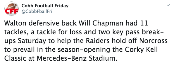 WaltonRecruits's tweet photo. Congrats 2020 DB #WillChapman selected @CobbFballFri DEFENSIVE PLAYER of the WEEK! "Chapman makes key play for Walton"
https://t.co/BB50hlPxFU
https://t.co/kLIH00ug19 https://t.co/B4DuTfN7V2