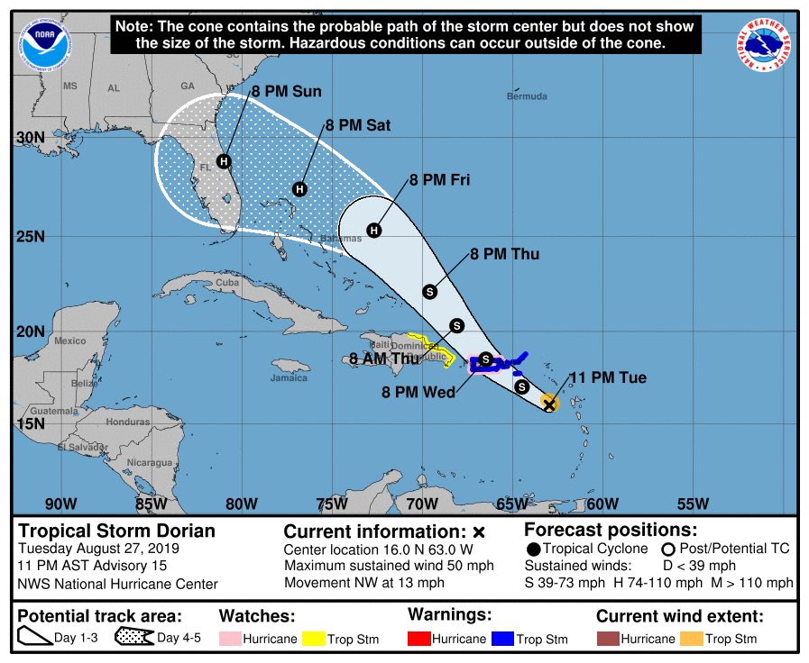 adamonzon's tweet photo. 11 pm: con vientos de 50 mph se aproxima #Dorian al sureste de PR mañana. Se reajusta pronóstico de trayectoria, basado en fluctuaciones de trayectoria, y ahora entra como tormenta cerca de Yabucoa y saliendo cerca de Barceloneta. Cambios son posibles. #preparado https://t.co/tIgPb4IdQQ