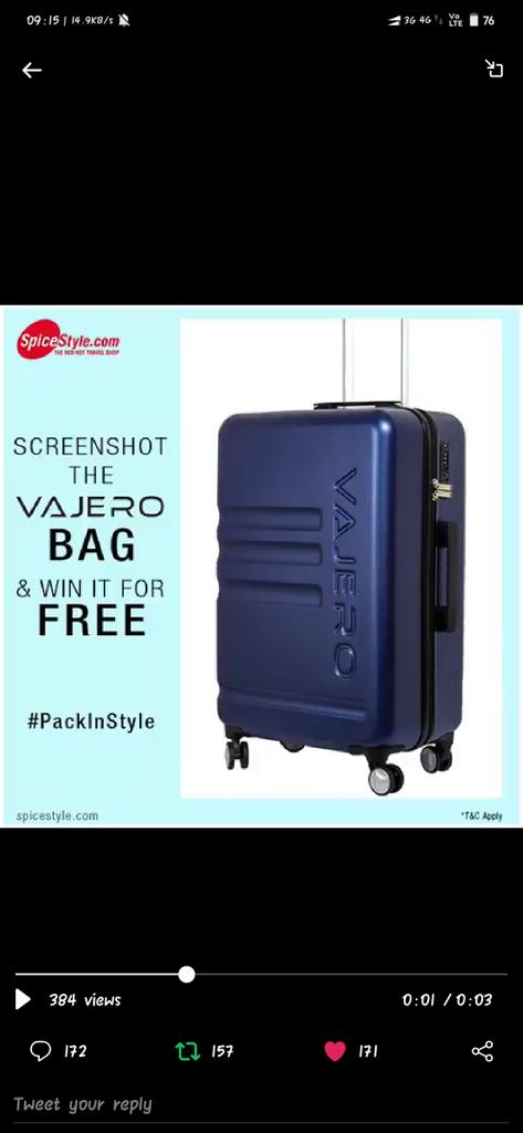 SanjeevMaht0's tweet photo. @myspicestyle Wooohoooo! Here is my perfect Screenshot ๐ธ! #PackInStyle #vajero #trolleysuitcase #luggagebag
Join now with @myspicestyle and win guy's ๐
@acidkidrock
@Aaravsingh28
@Zaaid08
@Rain_Man25
@ranchikuldeep
@karan875
@Abhishe_6
@snow_man_14
@khemka_nidhi
@misssmita3
@JainShantilal12 https://t.co/tpFl9FfGP7