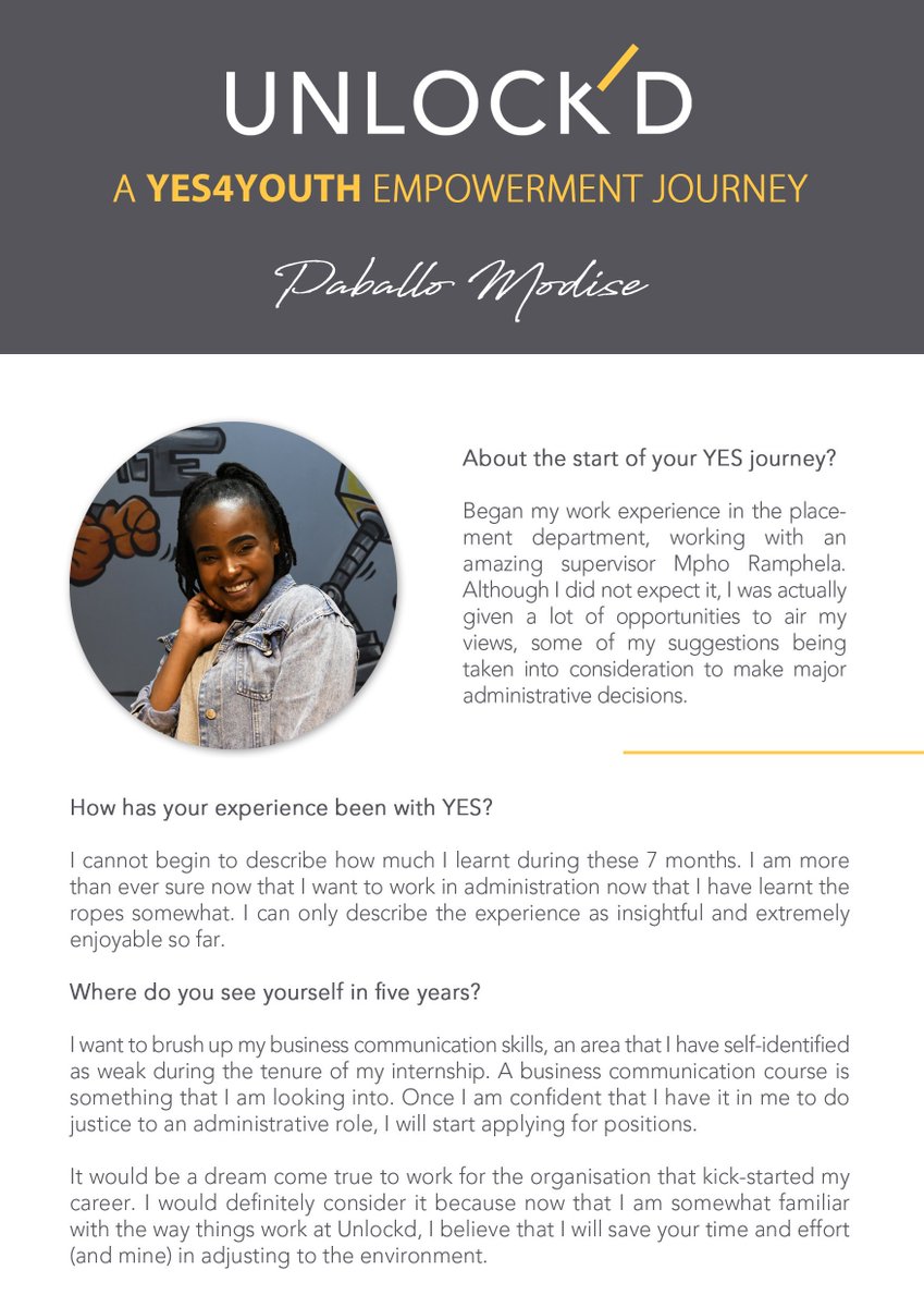 “I can only describe the experience as insightful and extremely enjoyable so far” - Paballo Modise, talks about her opportunity and empowerment journey with the UnlockD / @Yes4YouthZA initiative. 

#UnlockYourTalent #UnlockYourCareer #UnlockYourImpact