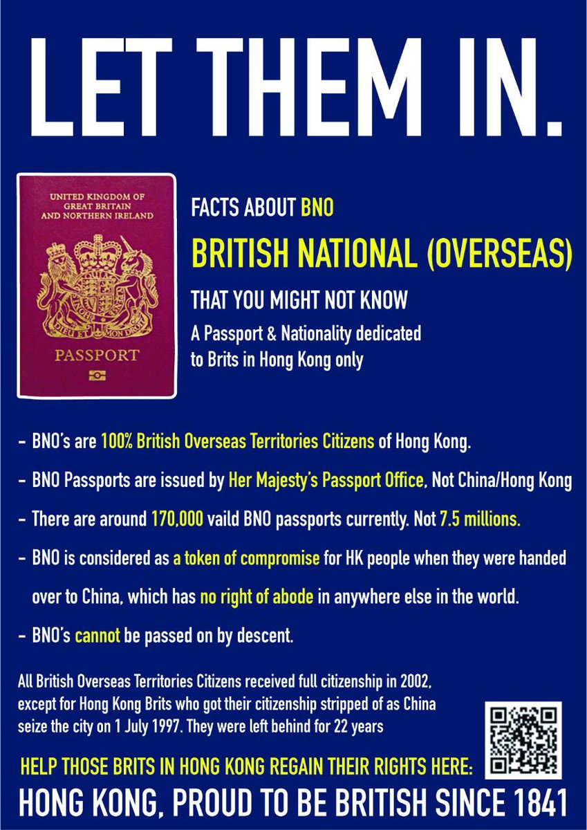 BNO stand for British Nationals (Overseas) passport.
All British Overseas Territories Citizens received full citizenship in 2002 but except only Hong Kong. Hong Kong Brits were left behind for 22 years. 

Let Them In.

#BNOisBritish
#RightTheWrong 
#SaveBritish