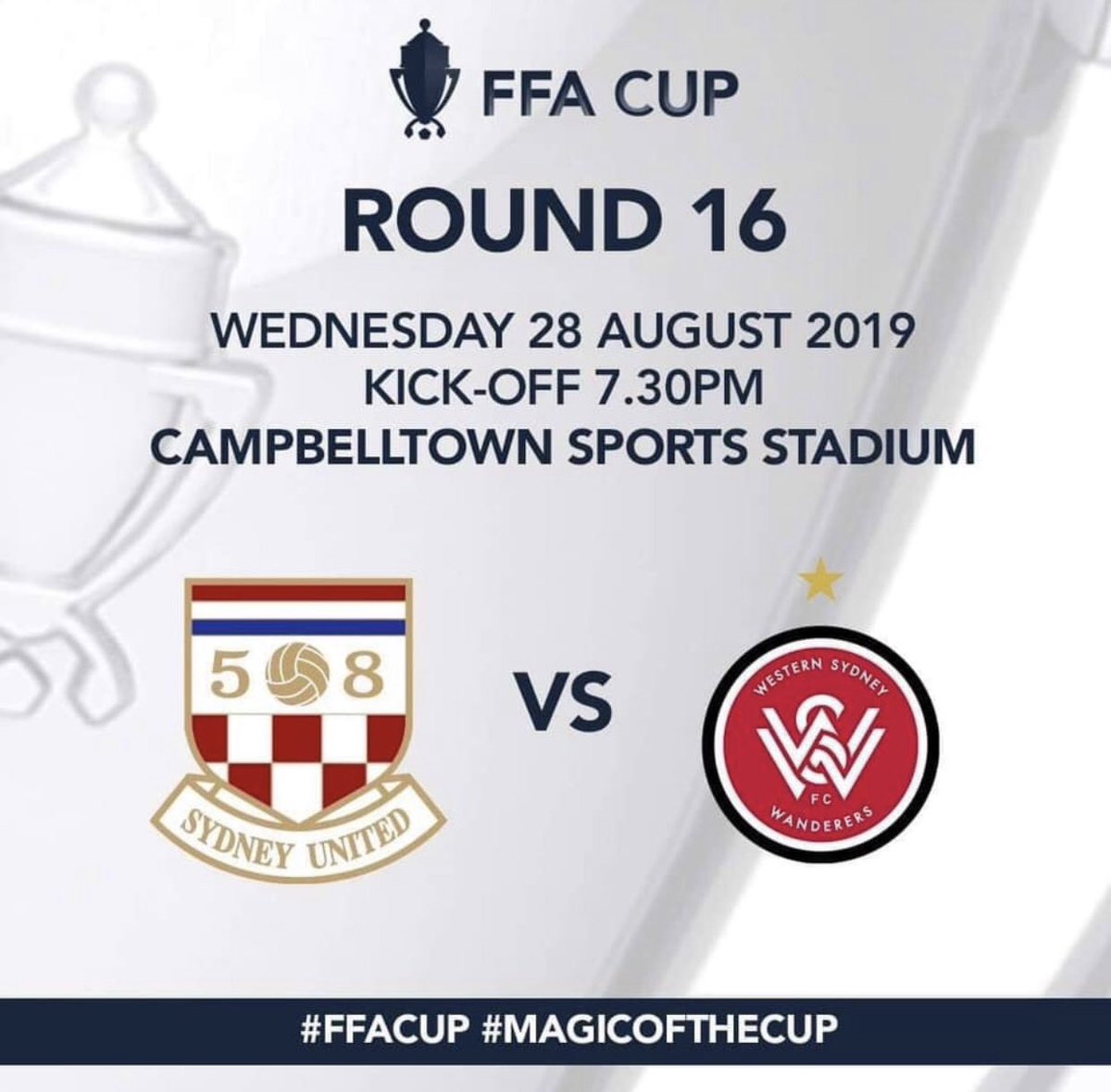 HERE. WE. GO.

A massive good luck to our sister club <a href="/SydUtd58FC/">Sydney United 58 FC</a> who take on <a href="/wswanderersfc/">WS Wanderers FC</a>  in the @FFACup round of 16 in just over half an hour. 

The whole of the Western Knights are behind you boys, let’s go one further!

🔴⚪️🔵