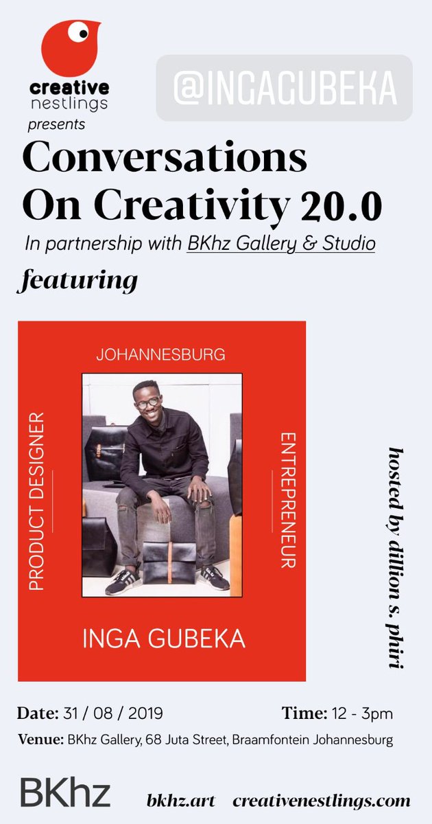 creativenestlin's tweet photo. This Saturday see you in Braamfontein at @bkhzStudio for #ConversationsOnCreativity 20.0 w/ stylist @didintlen, artist @Lunga_Ntila & product designer @ingagubeka as they share their creative journeys and the business of creativity. More info here:
https://t.co/GldlfLnpPQ https://t.co/EFNVpuazHW