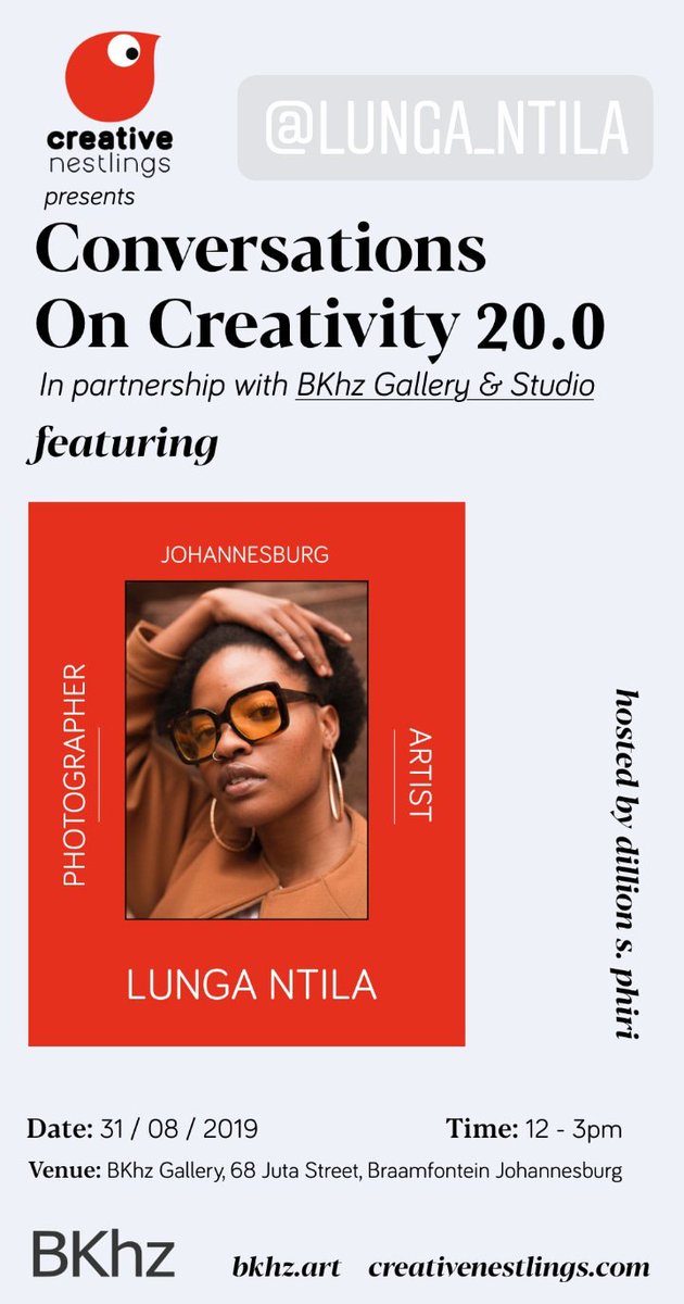 creativenestlin's tweet photo. This Saturday see you in Braamfontein at @bkhzStudio for #ConversationsOnCreativity 20.0 w/ stylist @didintlen, artist @Lunga_Ntila & product designer @ingagubeka as they share their creative journeys and the business of creativity. More info here:
https://t.co/GldlfLnpPQ https://t.co/EFNVpuazHW