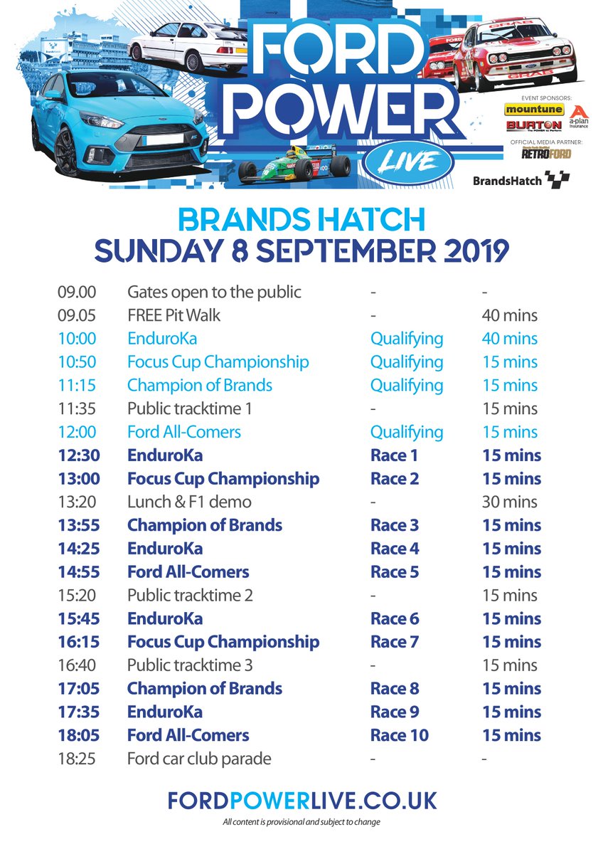 Brands_Hatch's tweet photo. Check out the timetable for Ford Power Live at Brands Hatch on Sunday 8 September!

A free pit walk kicks things off at 09:05 followed by qualifying for the day's racing series. Don't miss the lunch time F1 demos, plus a series of Ford parade laps will draw the day to a close. https://t.co/YOXmRE5D9d