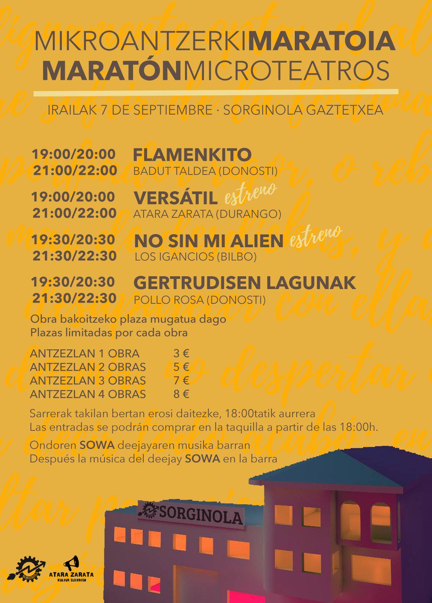 Irailak 7 @durengogp an 2 Mikroantzerki maratoia izango dugu. Anima zaitezte.
**
El 7 de sepriembre tendremos la 2 edición del maratón de microteatros en Sorginola. Animaros!