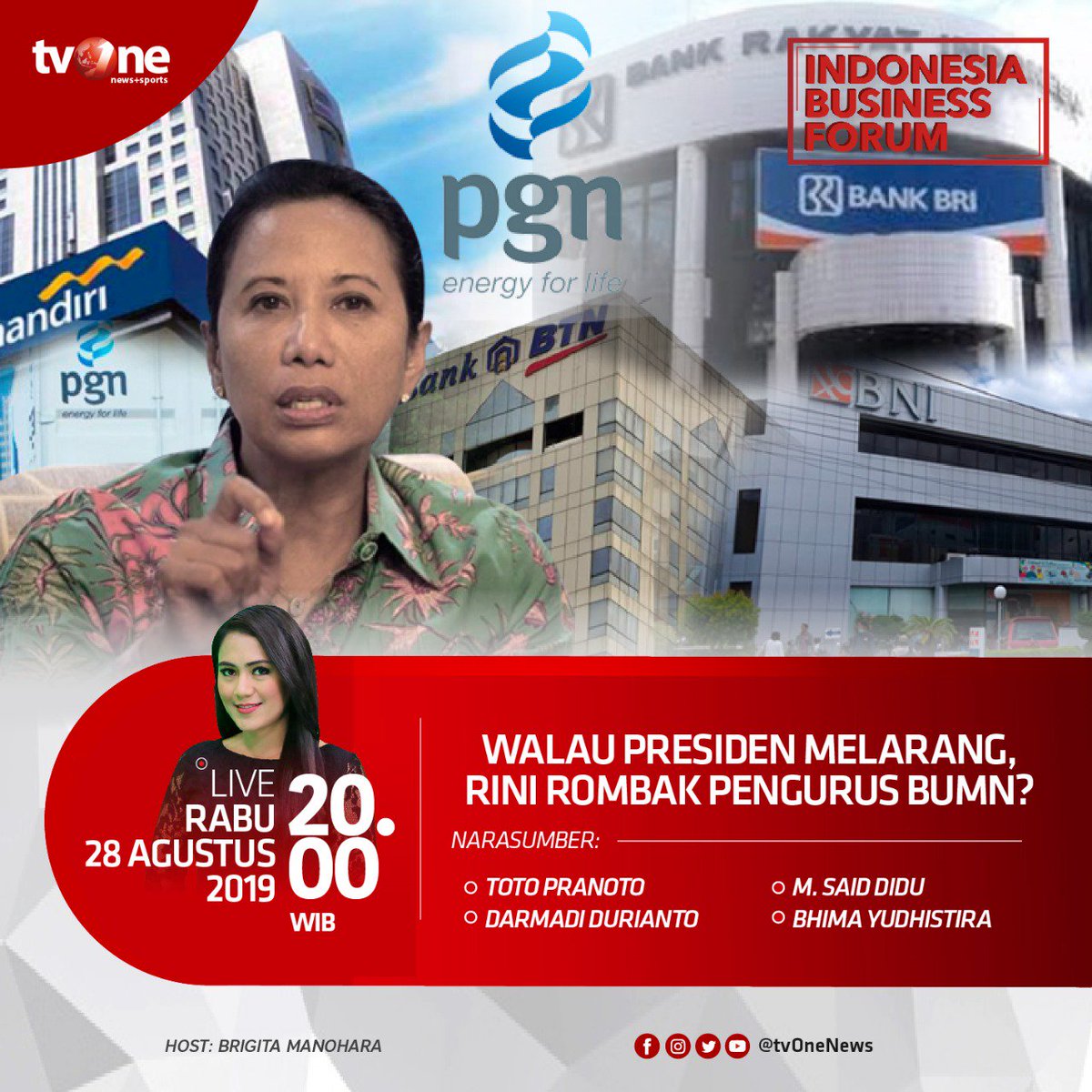 Pekan ini, 5 BUMN mulai melakukan RUPSLB dengan agenda evaluasi kinerja &amp; pergantian direksi. Padahal Presiden Jokowi sudah menginstruksikan tidak ada pergantian pejabat. Lalu, mengapa Menteri BUMN masih ingin ada pergantian direksi? Ikuti IBF malam ini di tvOne. #IBFtvOne