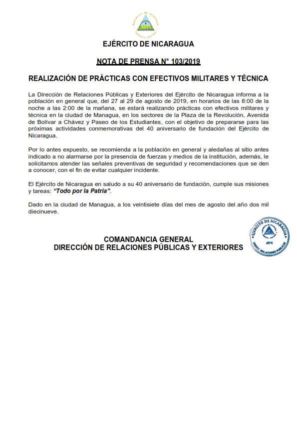 murcielagonica's tweet photo. #RT @taniasandinista: RT @ComandanteCobr5: Nuestro Glorioso Ejercito informa que del 27 al 29 de agosto, en horarios de 8:00 pm a 2:00 am estara realizando Practica con efectivos Militares y tecnica en Managua.
Atentos por si salen las #FakeNews
#Ejerc… https://t.co/e1taUpO6lA