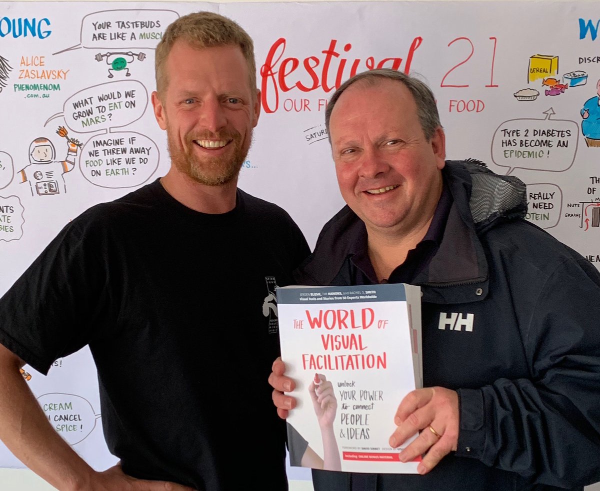 Hey I wrote a book! (well, three of the chapters, anyway). It's called "The World of Visual Facilitation". You can buy it here: graphicgear.com.au/books-cards/th… 

Here's a picture of legend <a href="/Fyfetoons/">Andrew Fyfe</a> holding his copy.