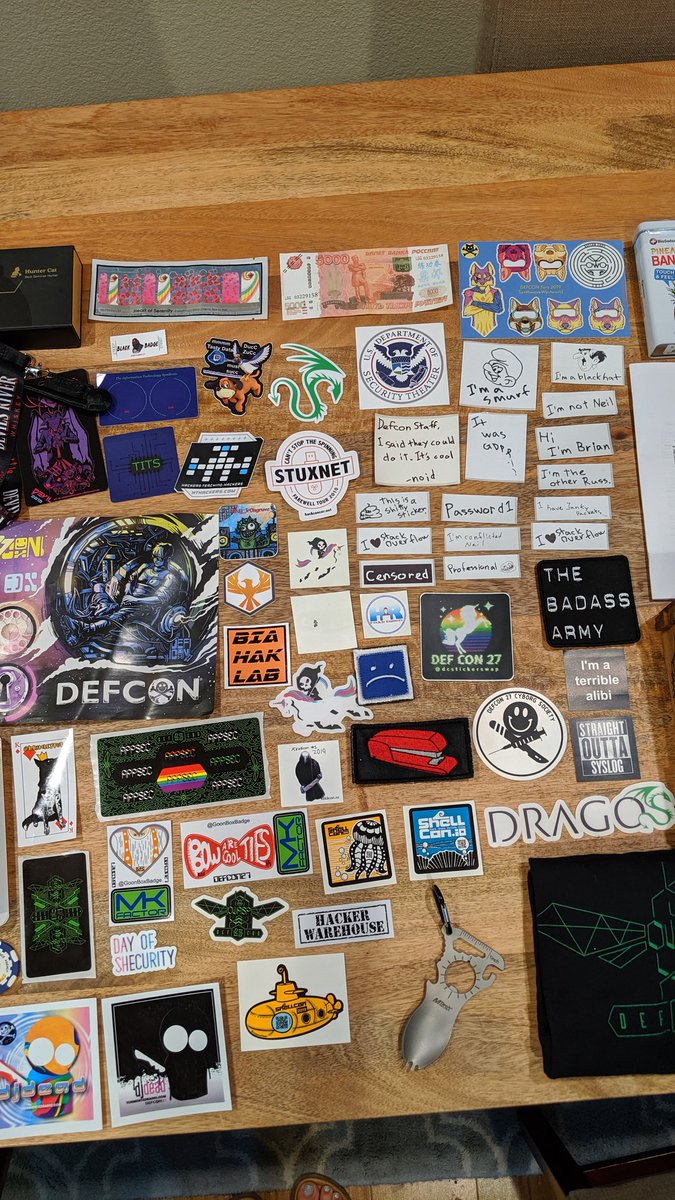 Snubs's tweet image. Here&apos;s all the swag I got from #DEFCON27 earlier this month! If you gave me a thing, tag yoself. I&apos;m feeling lazy rn. Also I&apos;m gonna do a video.