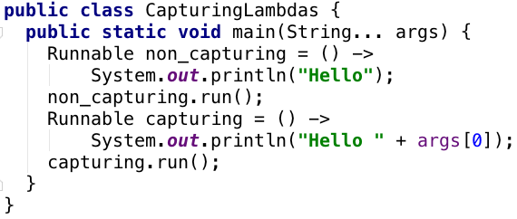 heinzkabutz's tweet photo. Capturing lambdas in #Java may cause a bunch of issues, such as memory leaks and race conditions.  A capturing lambda accesses fields, local variables, parameters or it calls non-static methods.  We dumped the generated lambda classes with -Djdk.internal.lambda.dumpProxyClasses https://t.co/wvuwd5G93j