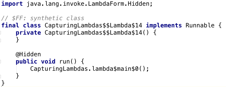 heinzkabutz's tweet photo. Capturing lambdas in #Java may cause a bunch of issues, such as memory leaks and race conditions.  A capturing lambda accesses fields, local variables, parameters or it calls non-static methods.  We dumped the generated lambda classes with -Djdk.internal.lambda.dumpProxyClasses https://t.co/wvuwd5G93j