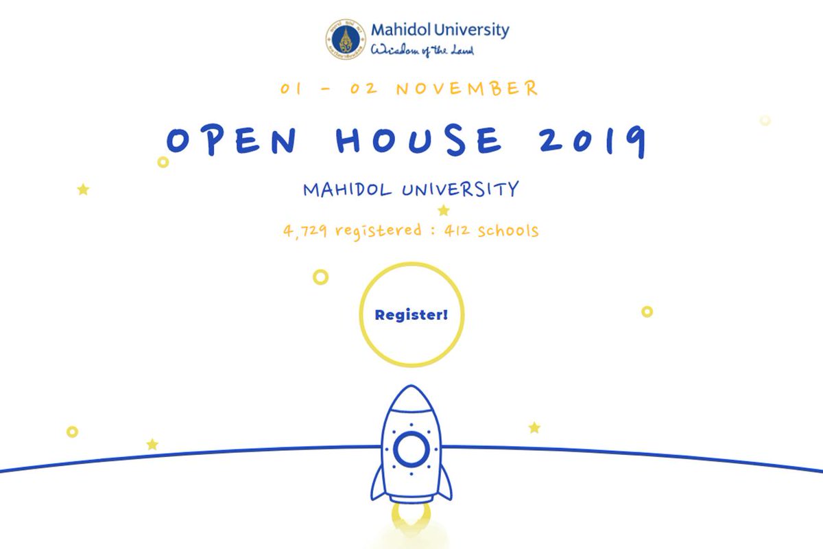 WeMahidol's tweet photo. ลงทะเบียนเข้าร่วมงาน
"Mahidol Open House 2019"
https://t.co/CHvnfi84FV
วันศุกร์ที่ 1 และวันเสาร์ที่ 2 พฤศจิกายน 2562
เวลา 08.30 - 16.00 น.
มหาวิทยาลัยมหิดล ศาลายา
#MahidolOpenHouse2019
#MUopenHouse
#Mahidol #dek63
#TCAS #TCAS63
#TCASmahidol
#ทีมมหิดล #WeMahidol https://t.co/GjNC1HzsgA