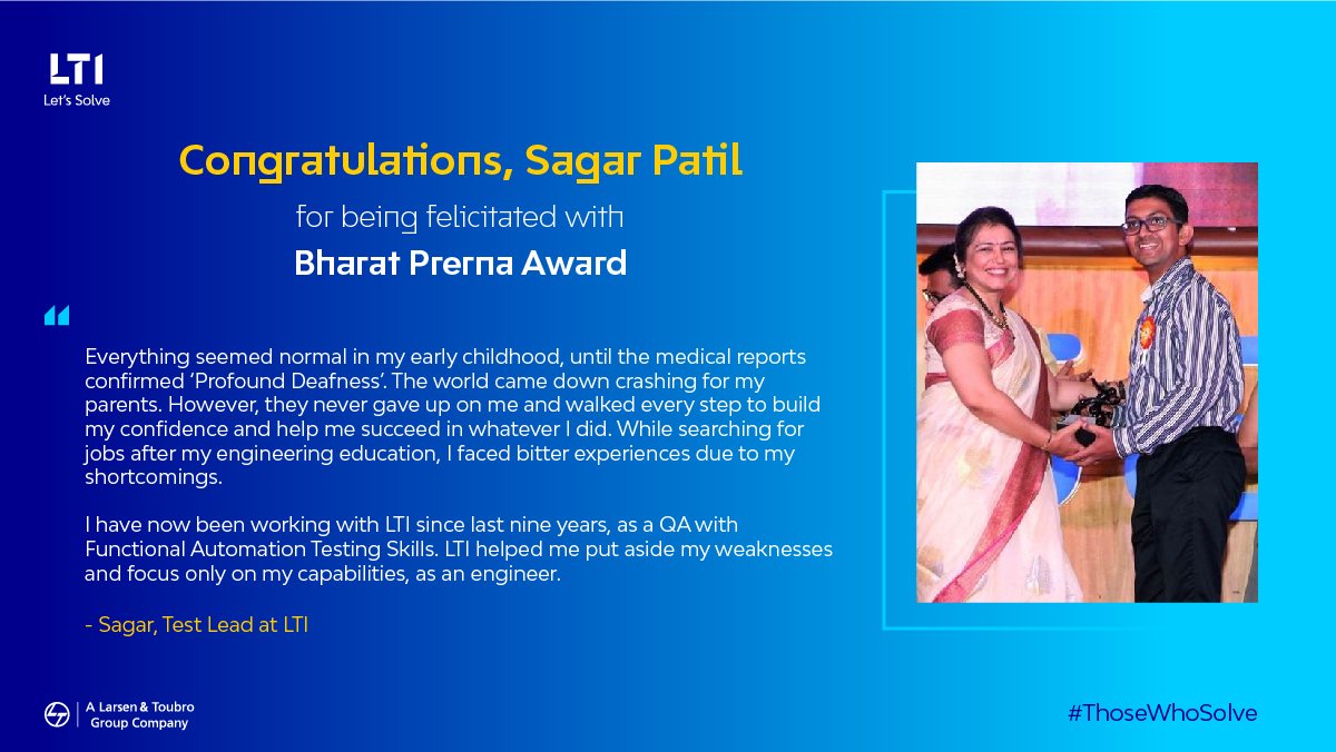 ltm_ofcl's tweet photo. Congratulations, Sagar Patil, for being felicitated with Bharat Prerna Award! #LTILife #ThoseWhoSolve https://t.co/hzUKaIQOgF