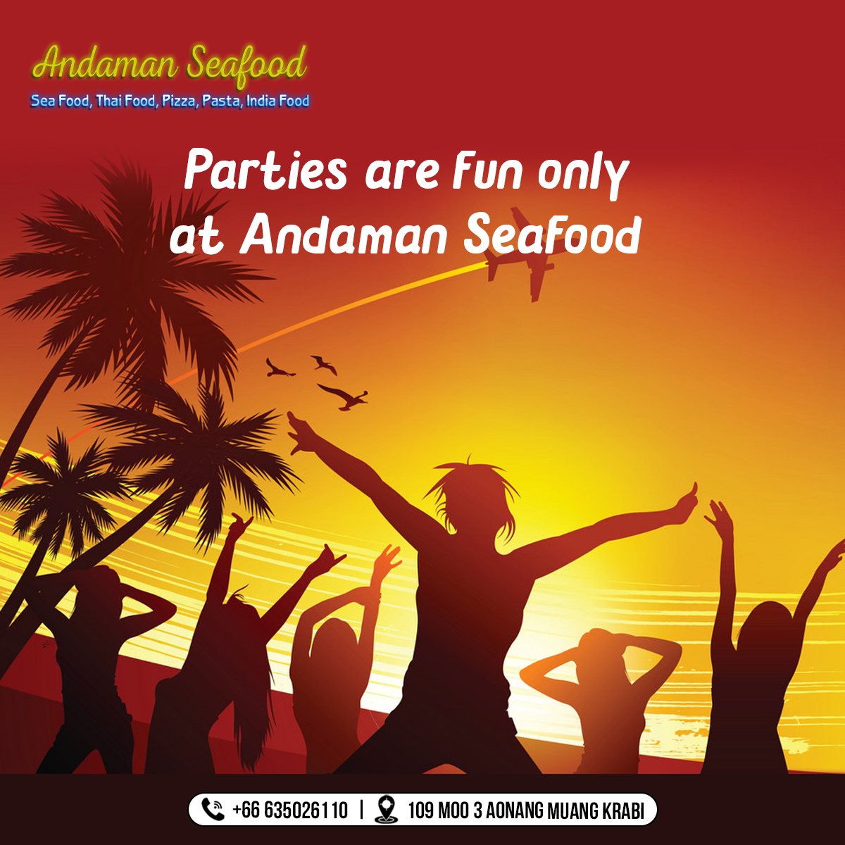 Parties🥳🥂 are fun only at #AndamanSeafood👌
Order Now🤙+66-635026110!! 👉109 moo 3 Aonang Muang Krabi, Thailand 
#AoNangRestaurant #DeliciousSeafood #SpicyFoodPlace #ThaifoodDelivery #SeafoodAoNang #KrabiSeafood #Drinks