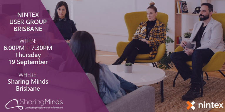 SharingMinds's tweet photo. Hey Brisbane! Keen to hear the latest @Nintex news &amp; updates? Join us on Thurs 19 Sept when @ce1906 will host the the September Nintex User Group at the #SharingMinds Brisbane office. Free registration: https://t.co/PrbfJnZEq2 https://t.co/bWvGRt6d7F