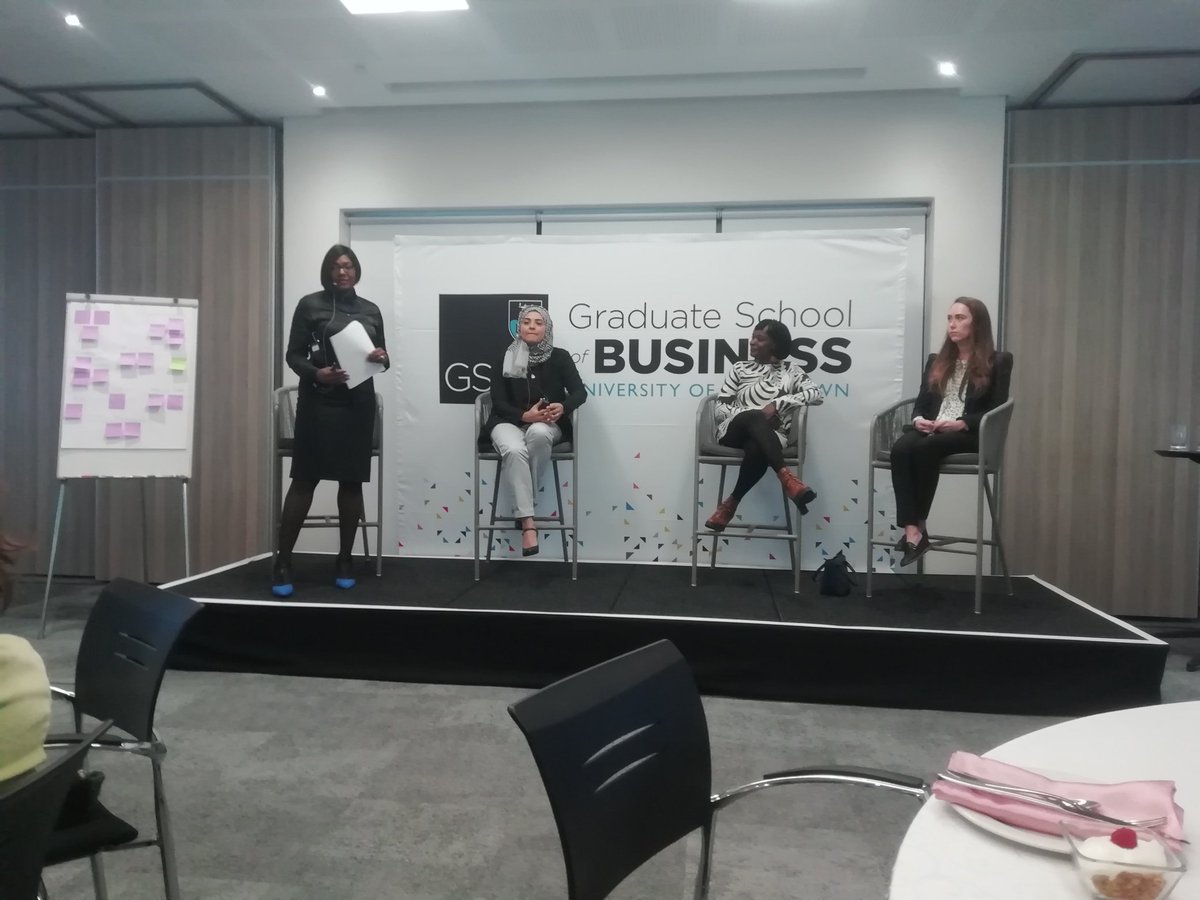 samleepan's tweet photo. Kumeshee West introducing three exceptional women: Dr Karima Prince (MBA, recent PhD) mother of 3, Mukona Kaluzhi (PGDip) loves nature from rural Limpopo and Joy-Mare (MBA)which did Iron (wo) men #GSBConnect @UCTGSB @UCT_news https://t.co/3MicDLhl9i