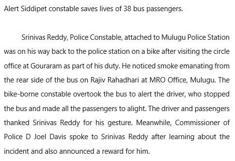TelanganaDGP's tweet photo. Alert Siddipet constable saves lives of 38 bus passengers. https://t.co/bbiJeU7nzp